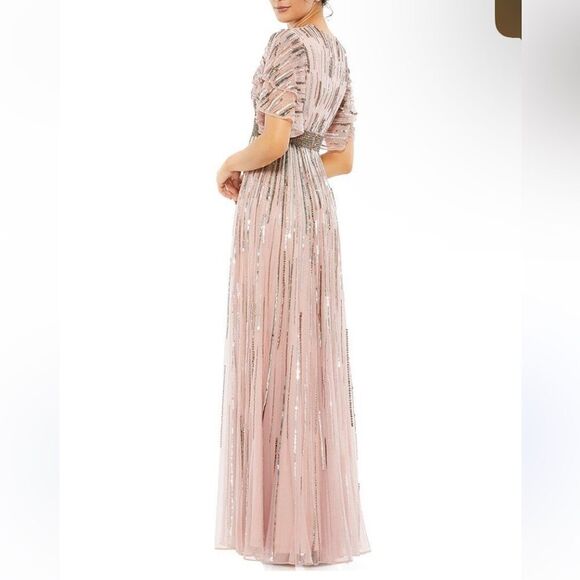 Mac Duggal Blush Sequin Embellished Full Length Layered Sleeve Gown Dress - Picture 4 of 13